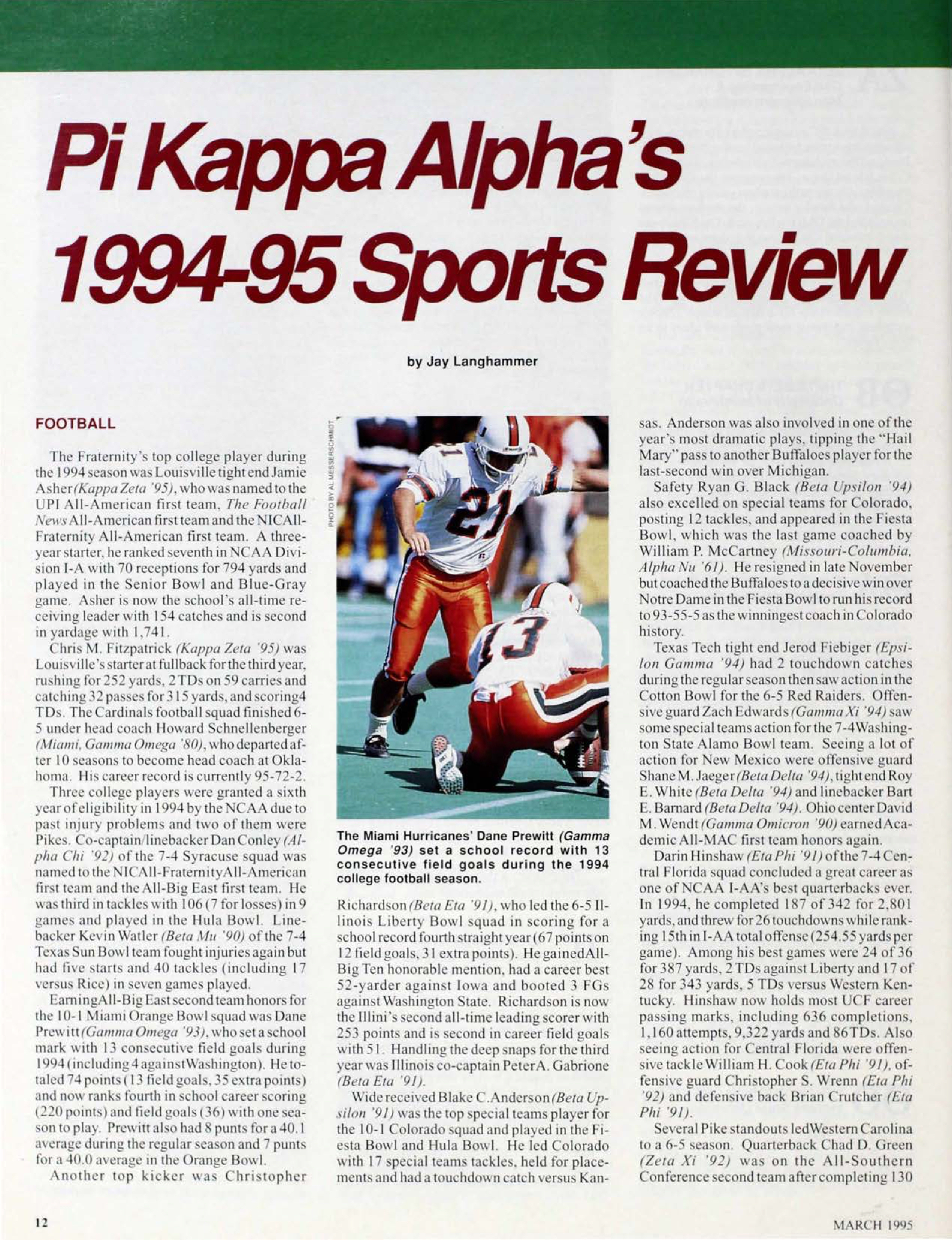 Pi Kappa Alpha's 1994-95 Sports Review
